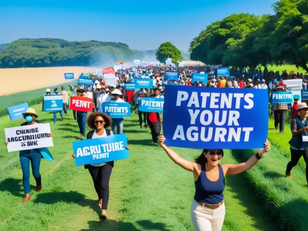 Marcha vibrante contra patentes en agricultura movimientos actuales: multitud diversa con pancartas coloridas en campo verde y cielo azul