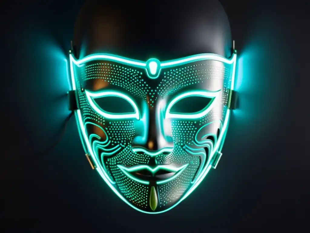 Máscara digital futurista: anonimato en línea Una máscara digital futurista brilla en la oscuridad, representando el anonimato en línea y la tentación de mantenerse invisible