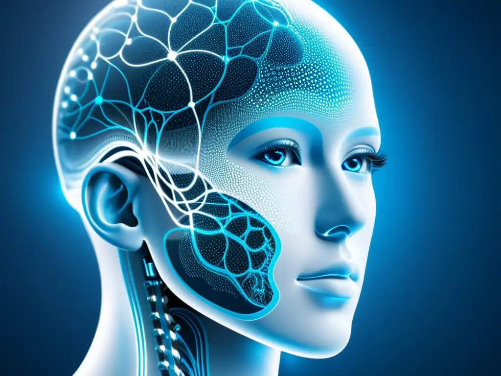 Interfaz médica futurista de IA con patrones de redes neuronales detallados en azul y blanco, transmitiendo confianza en la tecnología de IA