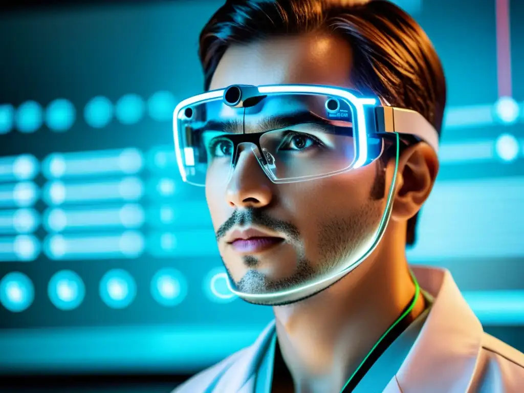 Interfaz médica futurista proyectada frente a un doctor con gafas de realidad aumentada, destacando la privacidad en avances médicos datos