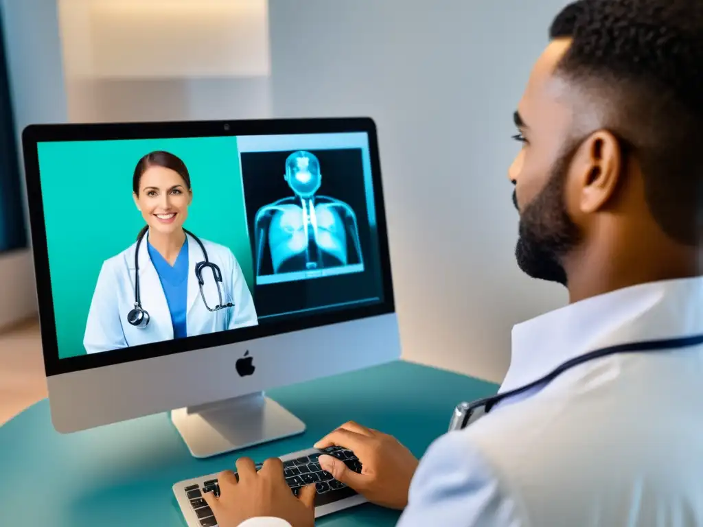 Un médico consulta a un paciente por videollamada, resaltando la ética y la legalidad en telemedicina