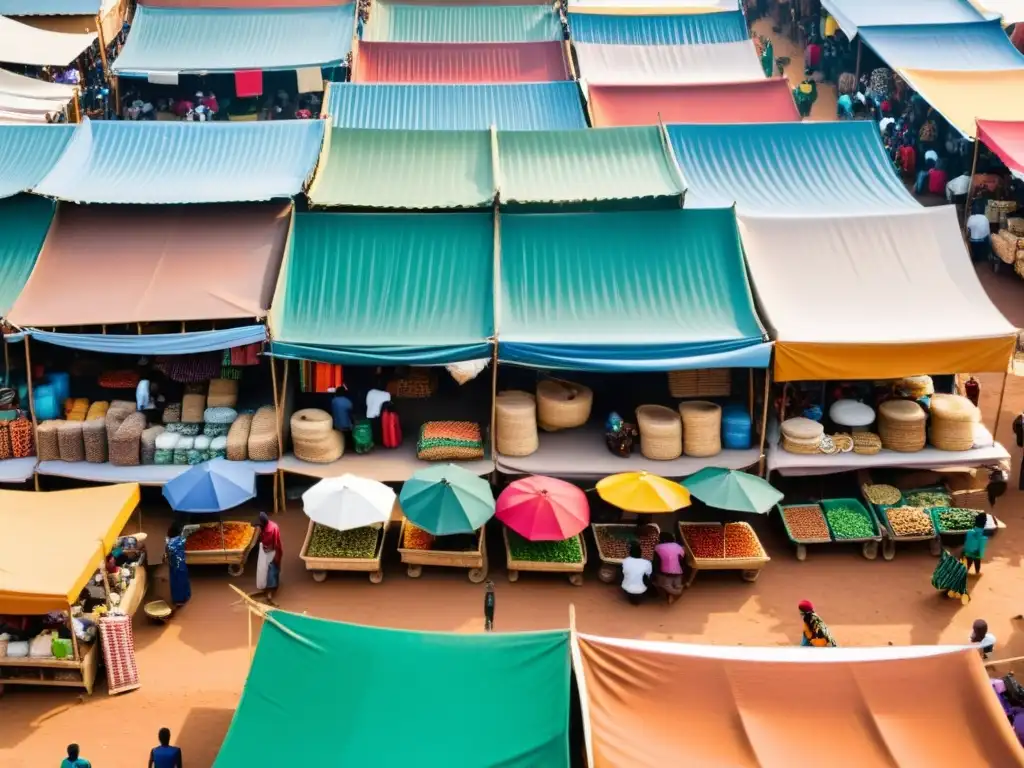 Un mercado bullicioso en una ciudad africana, lleno de puestos de artesanías