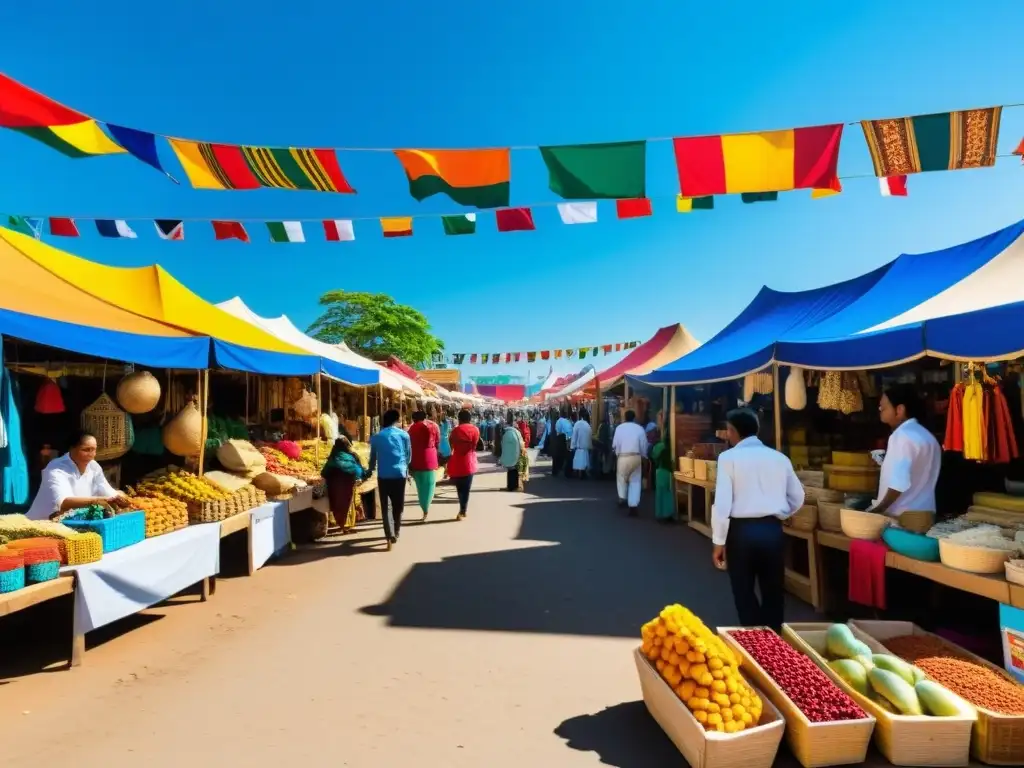 Mercado bullicioso en un mercado emergente, con vendedores ofreciendo productos artesanales coloridos bajo un cielo azul brillante