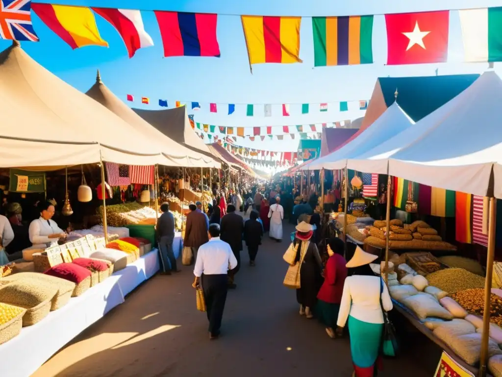 Un mercado bullicioso con vendedores y productos coloridos de diferentes países