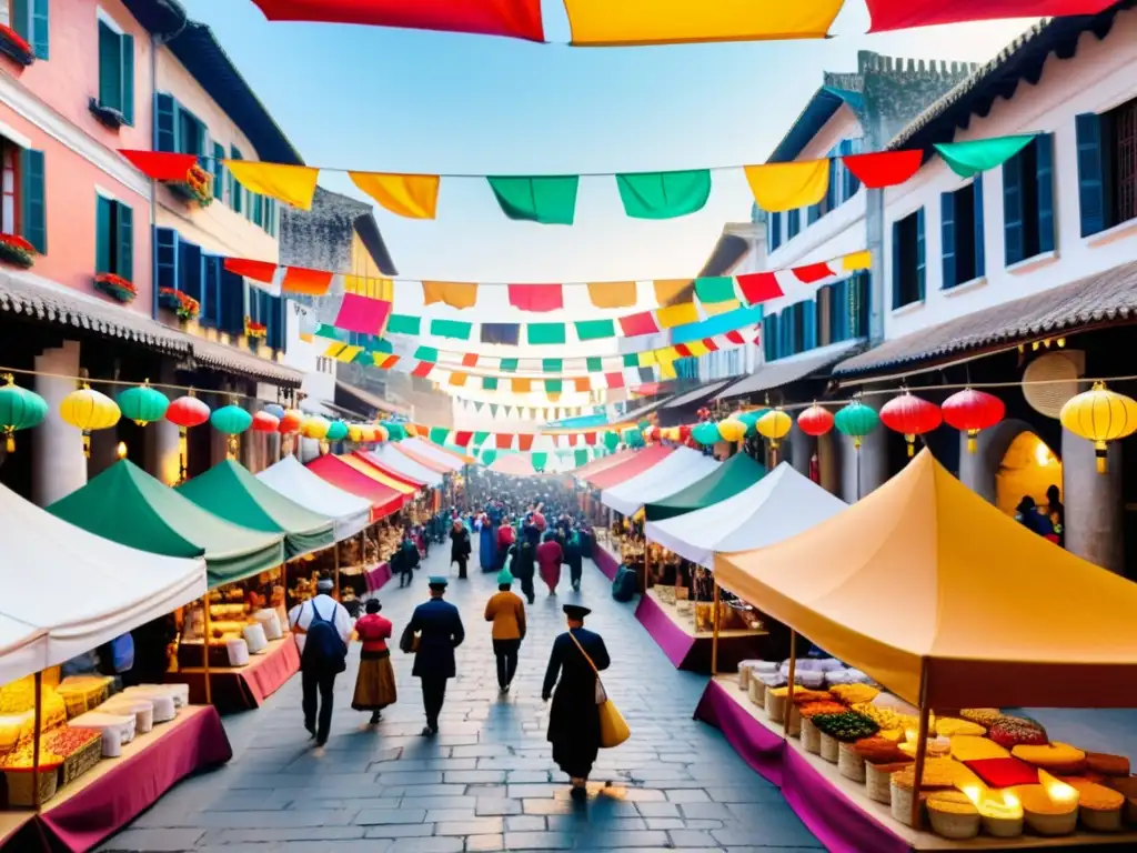 Mercado cultural turístico enérgico, con artistas callejeros, artesanos locales y turistas disfrutando del ambiente