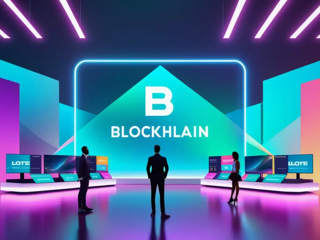 Un mercado digital futurista con transacciones seguras y sin fisuras, mostrando aplicaciones de blockchain en propiedad intelectual