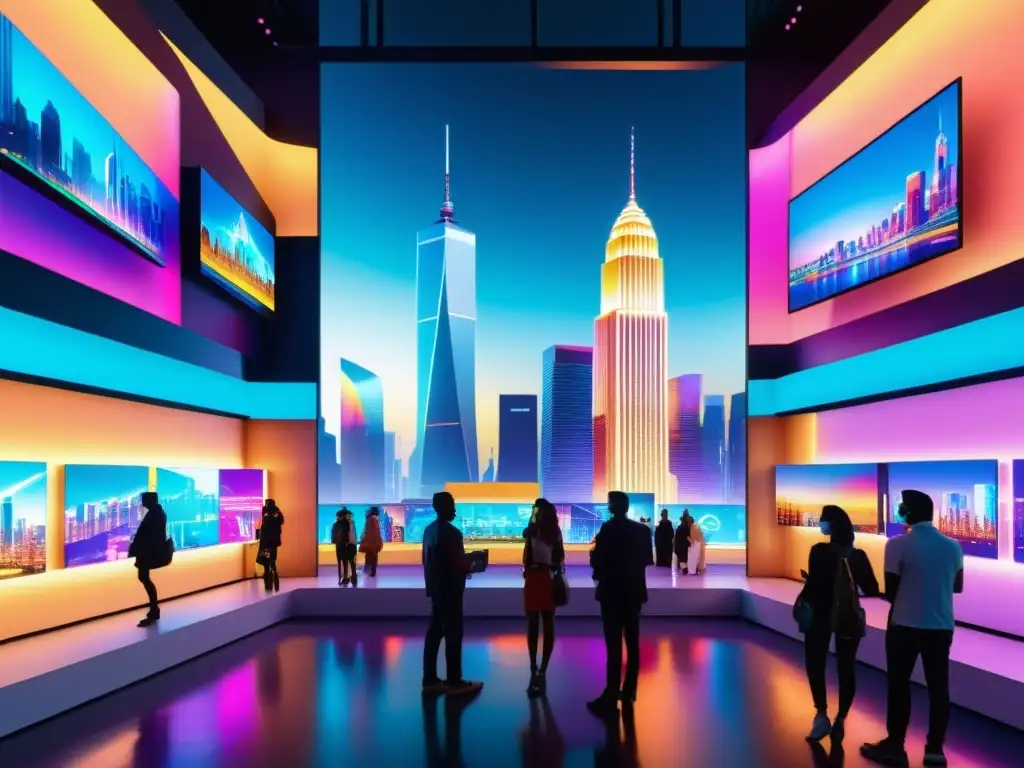 Un mercado virtual bullicioso con arte digital futurista en hologramas, reflejando una ciudad brillante