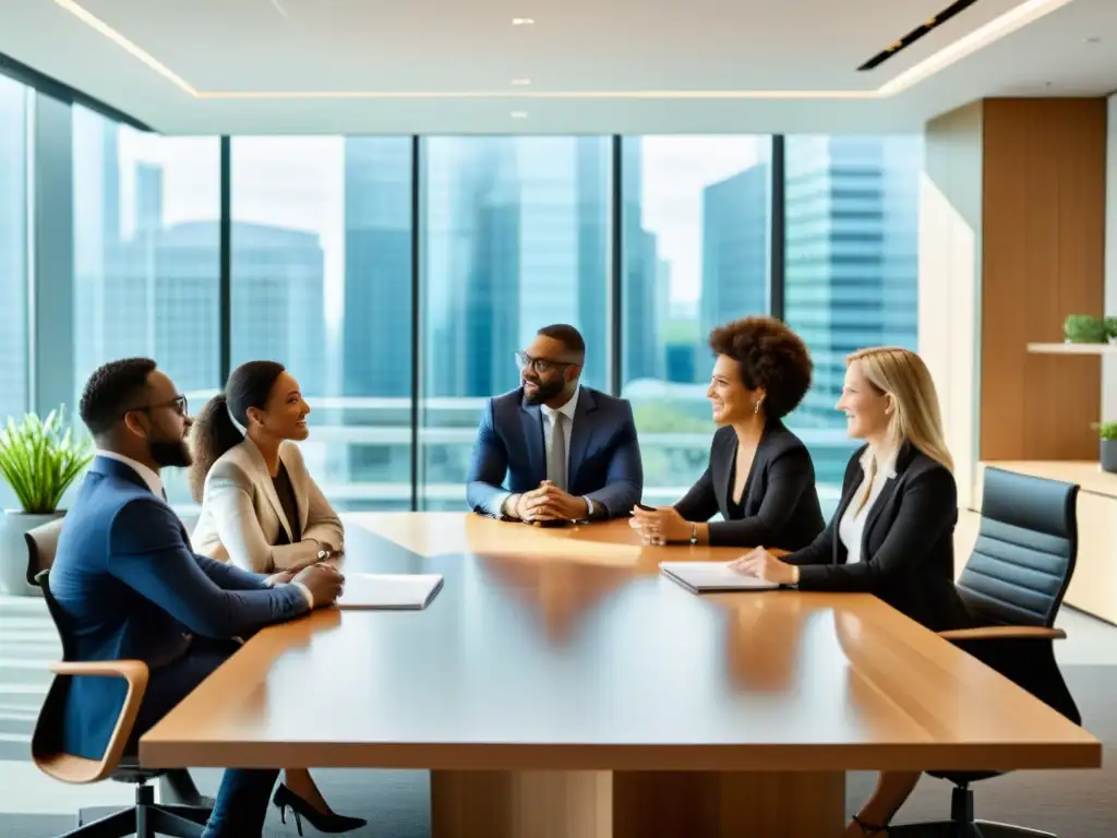 Una mesa de reuniones moderna y luminosa donde profesionales diversos discuten tácticas de negociación de propiedad intelectual para multinacionales