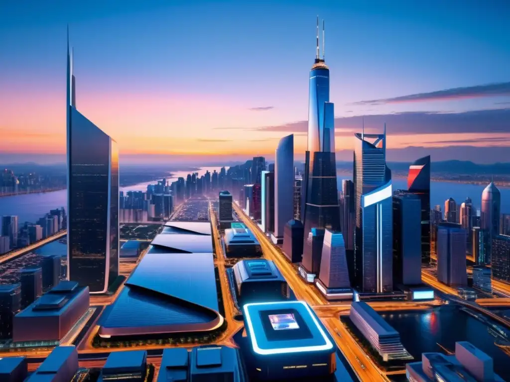 Una metrópolis futurista al anochecer, con rascacielos iluminados que se alzan sobre una ciudad bulliciosa