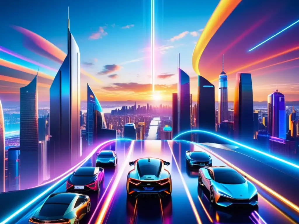 Una metrópolis futurista con rascacielos, luces de neón y vehículos voladores