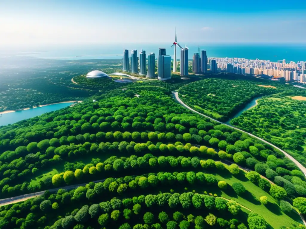 Una metrópolis moderna con rascacielos, tecnología y desarrollo sostenible, simbolizando la propiedad intelectual y la innovación