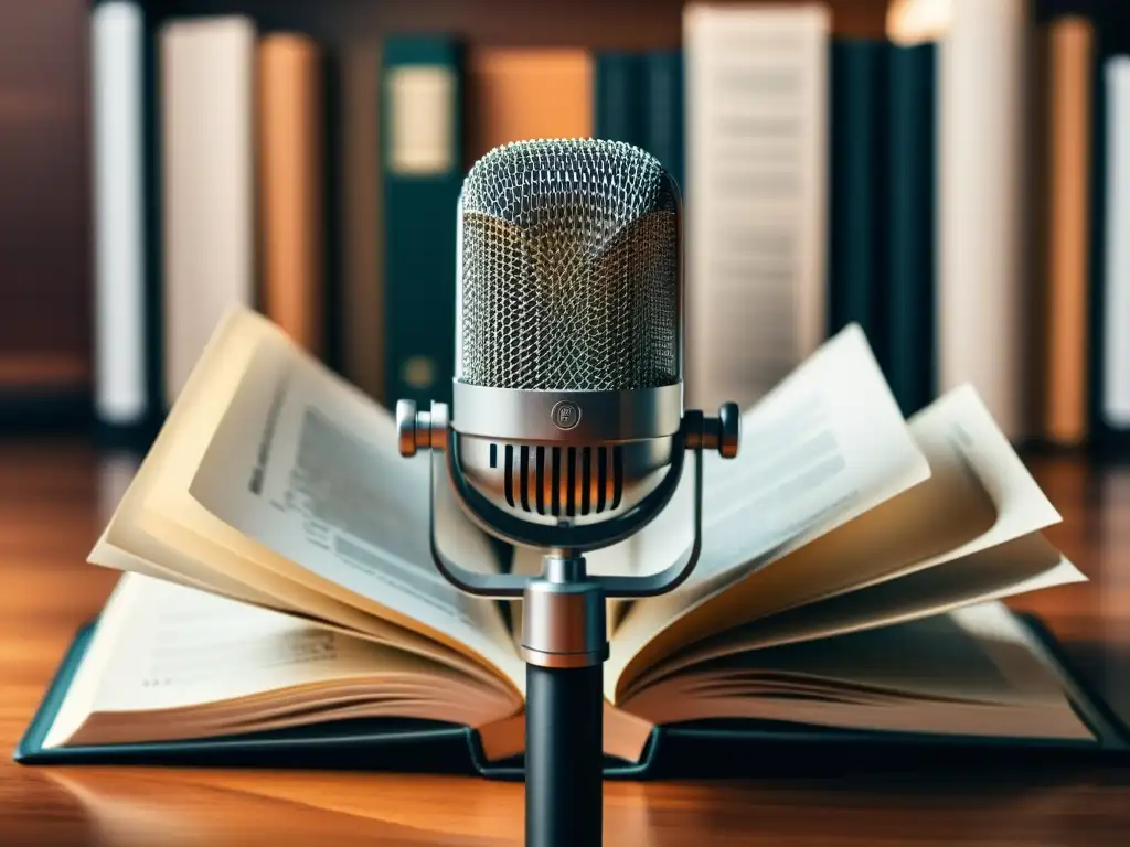 Un micrófono elegante rodeado de documentos legales y libros, capturando la fusión entre derecho y podcasts en vivo