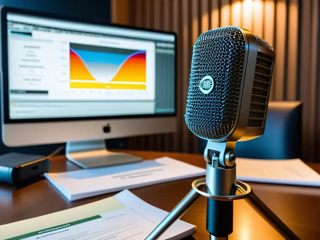 Un micrófono de estudio rodeado de documentos legales y software de edición de audio, resaltando la intersección entre creatividad y consideraciones legales en la producción de podcasts