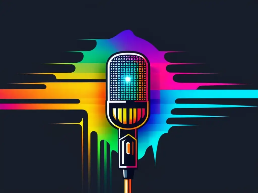 Un micrófono moderno y vibrante con ondas de sonido coloridas, contra un fondo oscuro