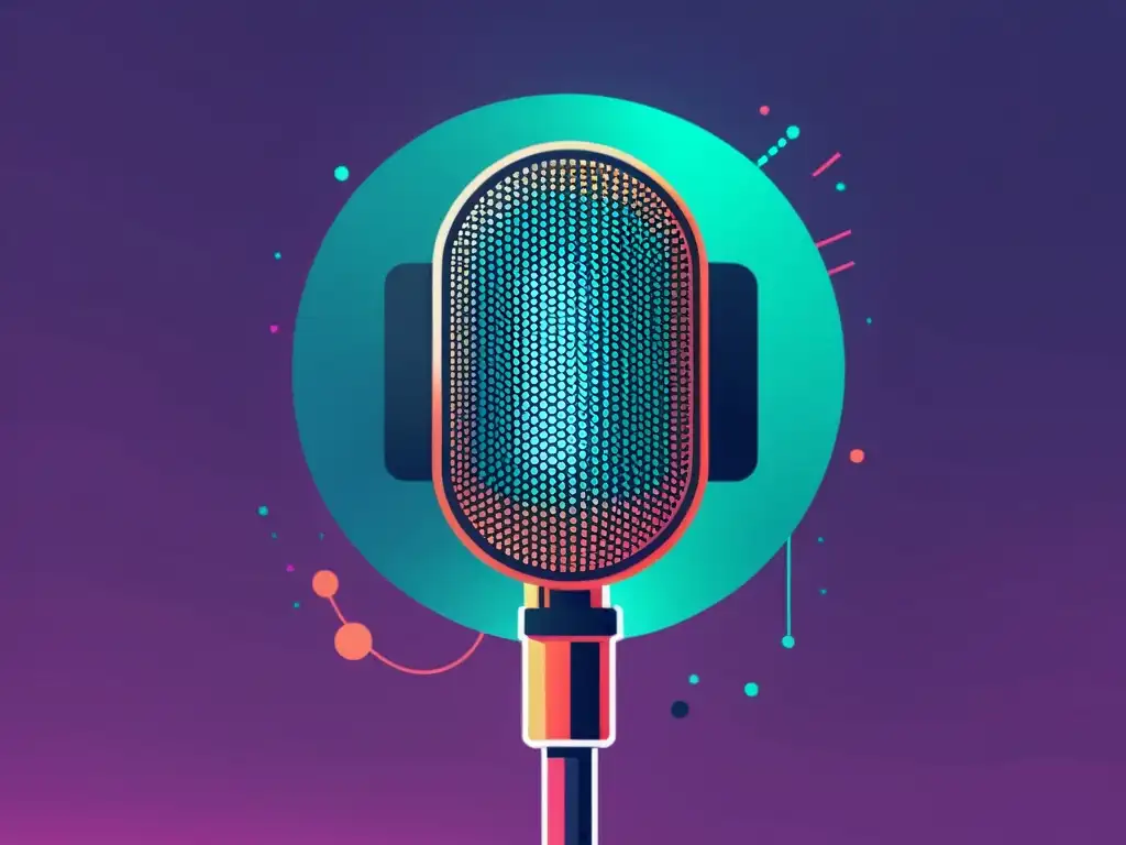 Un micrófono de podcast con elementos de circuito y blockchain, simbolizando la integración de la tecnología blockchain en propiedad intelectual en la industria del podcasting