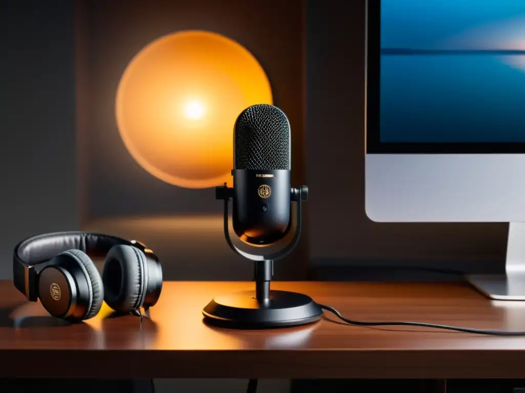 Un micrófono de podcast personalizado en un estudio profesional con la importancia de registrar marcas en podcast