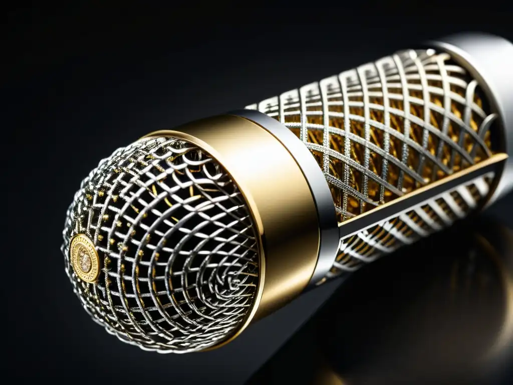 Un micrófono profesional de diseño detallado en oro y plata, resalta en un fondo oscuro, creando un efecto dramático