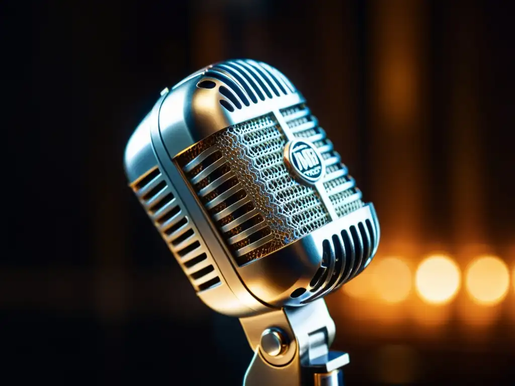Un micrófono vintage con detalles intrincados resplandeciendo en un cálido tono dorado sobre un fondo oscuro