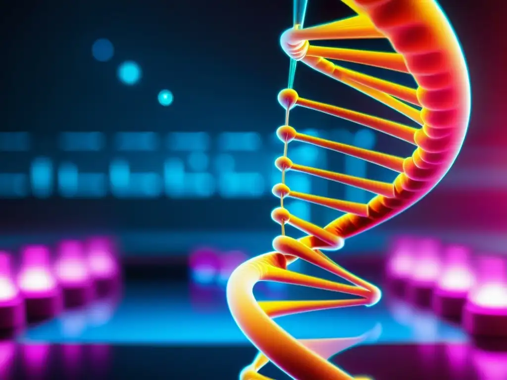 DNA bajo microscopio de alta potencia en laboratorio futurista con equipo de biotecnología