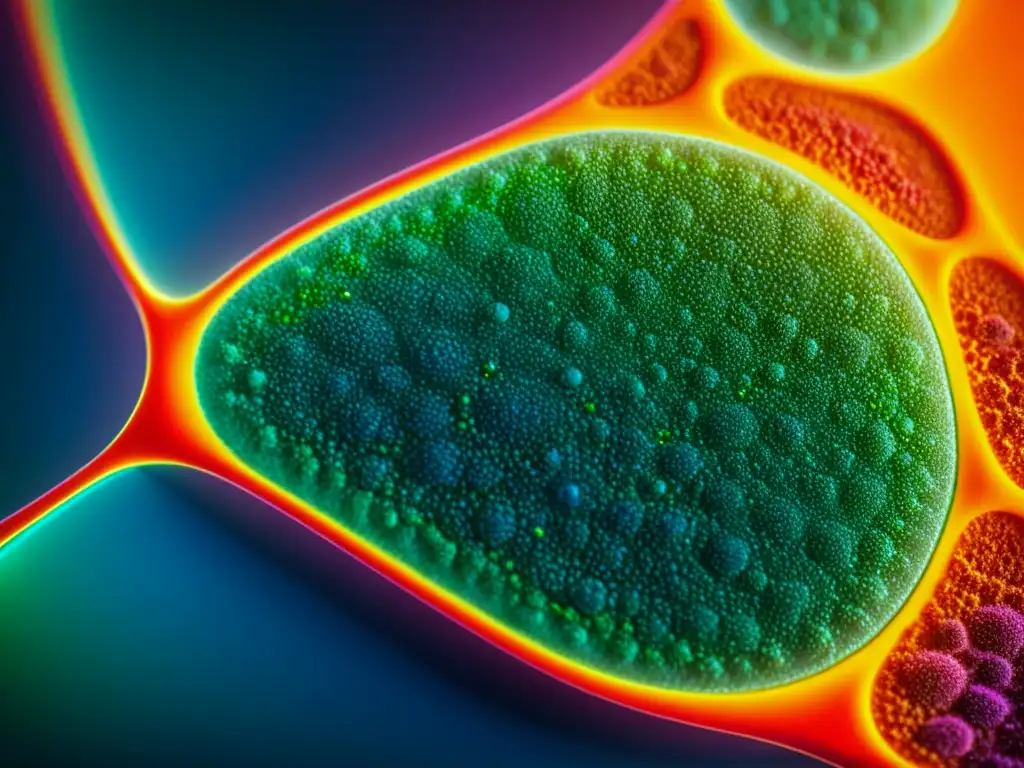 Microscopio muestra célula vegetal modificada genéticamente, destacando estructuras moleculares y colores vibrantes