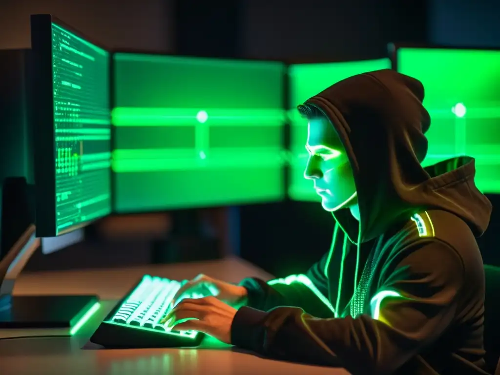 Un misterioso hacker teclea frenéticamente en un entorno futurista, rodeado de tecnología de vanguardia