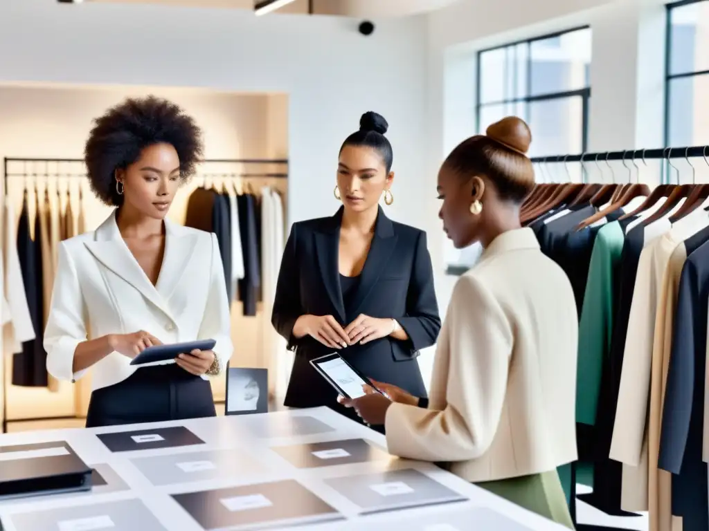 Innovación y protección en la moda: diseñadores e influencers en acción Moda innovadora en estudio minimalista con diseñadores e influencers, protección intelectual para influencers