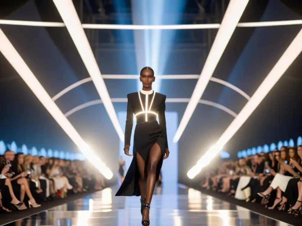 Modelo desfila en pasarela de moda futurista con tendencias protección diseños moda