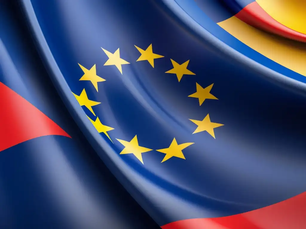 Una ilustración moderna de la bandera de la Unión Europea entrelazada con logos de marcas, reflejando la integración del mercado y la diversidad