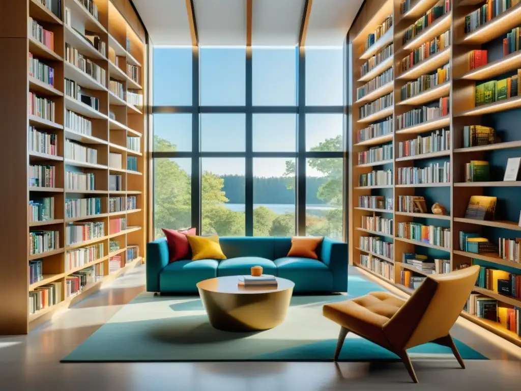 Moderna biblioteca con diseño minimalista, estanterías llenas de libros coloridos, área de lectura acogedora y luz natural