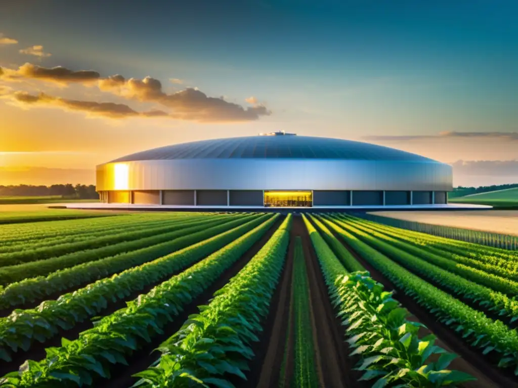 Una moderna instalación de producción de biocombustibles orgánicos con arquitectura futurista y tecnología de vanguardia, rodeada de campos verdes