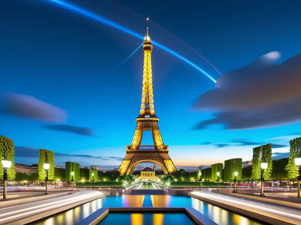 'La Eiffel Tower moderna destaca en una ciudad tecnológica, simbolizando la convención de París protección propiedad industrial