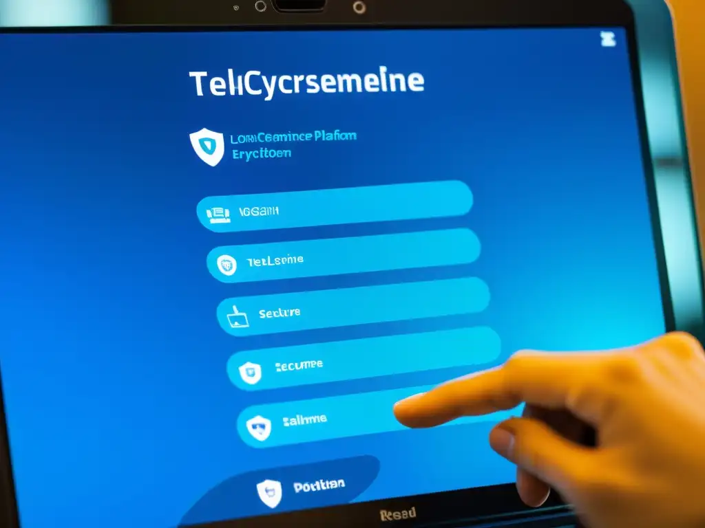 Una moderna interfaz de plataforma de telemedicina enfocada en ciberseguridad, con tono profesional y educativo