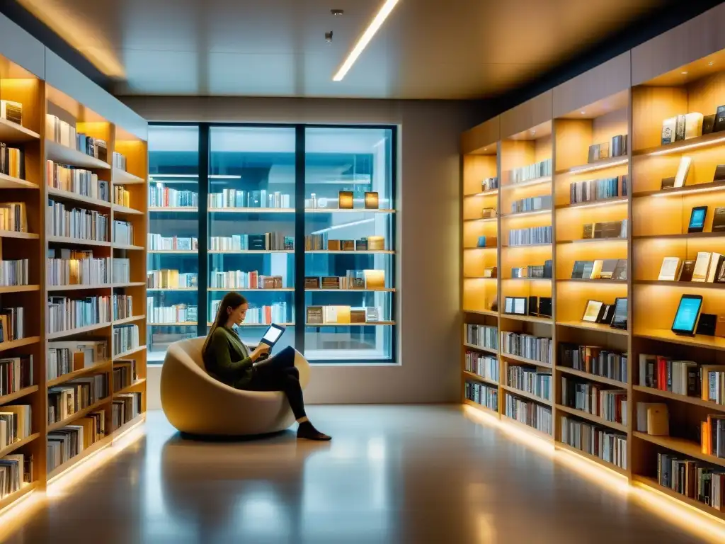 Moderna librería con ambiente acogedor y tecnológico, mostrando el contraste entre publicación tradicional y digital en la era moderna