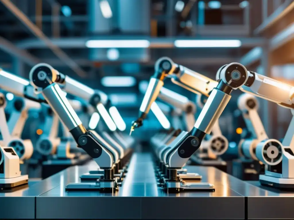 Robotic arms trabajando en una moderna línea de ensamblaje, representando la protección propiedad intelectual robótica en un ambiente hightech