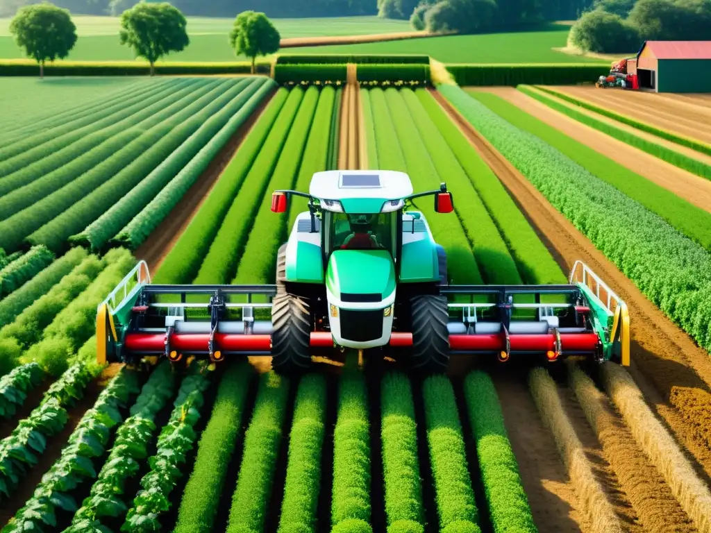 Una moderna máquina agrícola automatizada trabaja en un campo verde exuberante