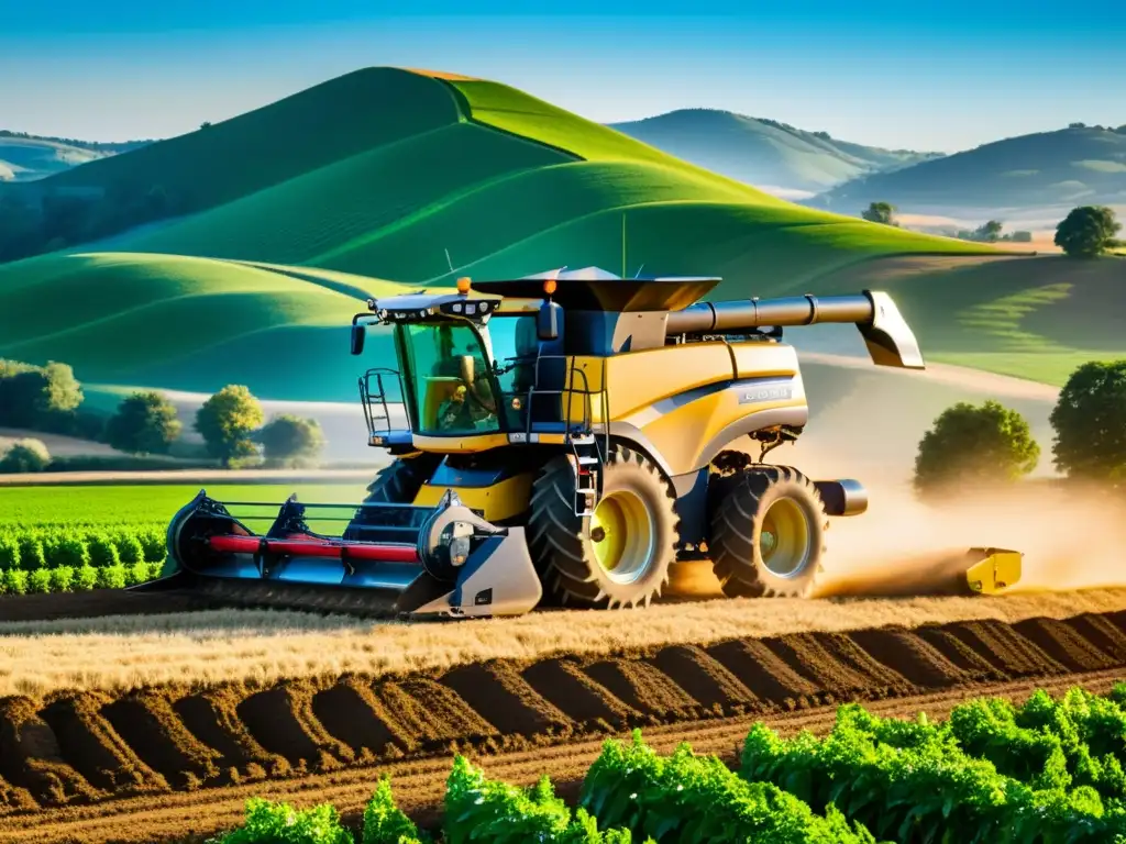 Una moderna máquina agrícola innovadora destaca en un campo soleado, con colinas y cielo azul de fondo