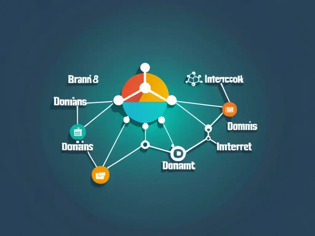 Una ilustración moderna de nodos de red interconectados, cada uno representando un dominio de internet con logotipos de marcas integrados, mostrando la relación entre dominios internet y marcas