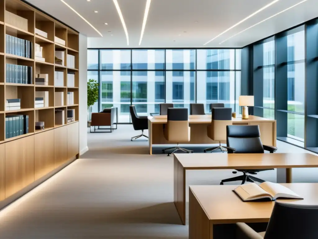 Oficina legal moderna, sofisticada y dinámica Moderna oficina legal con mobiliario minimalista, libros ordenados y equipo de profesionales en dinámica discusión