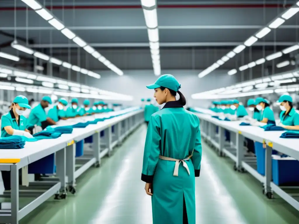 Moderna fábrica de ropa con trabajadores etiquetando prendas según normativa de estándares internacionales, transmitiendo profesionalismo y eficiencia