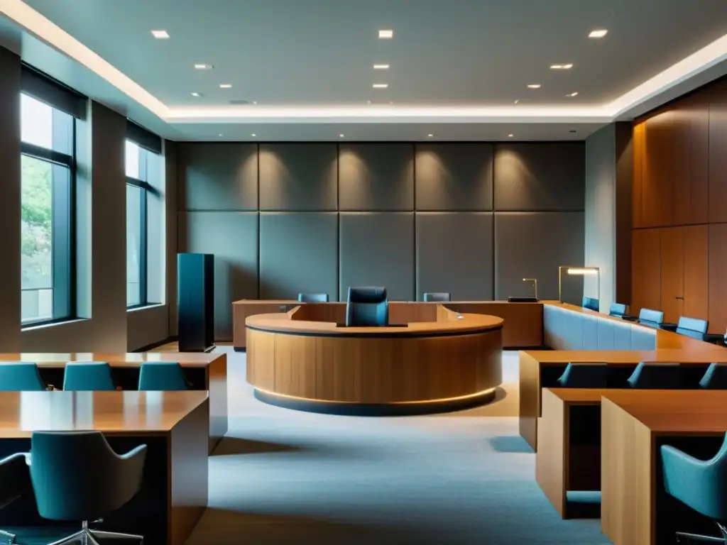 Moderna sala de audiencias con diseño minimalista y elegante, bañada en luz natural