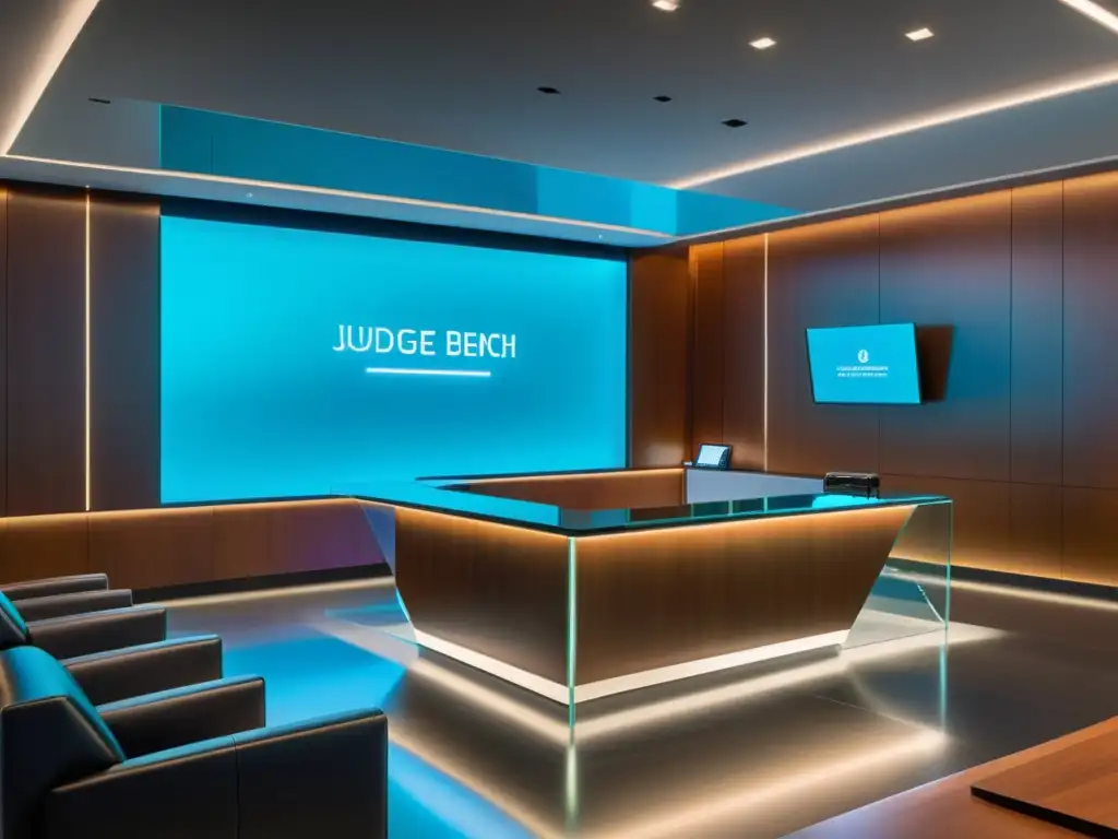 Moderna sala de audiencias con diseño futurista y tecnología avanzada, reflejando litigios de marcas en tecnología