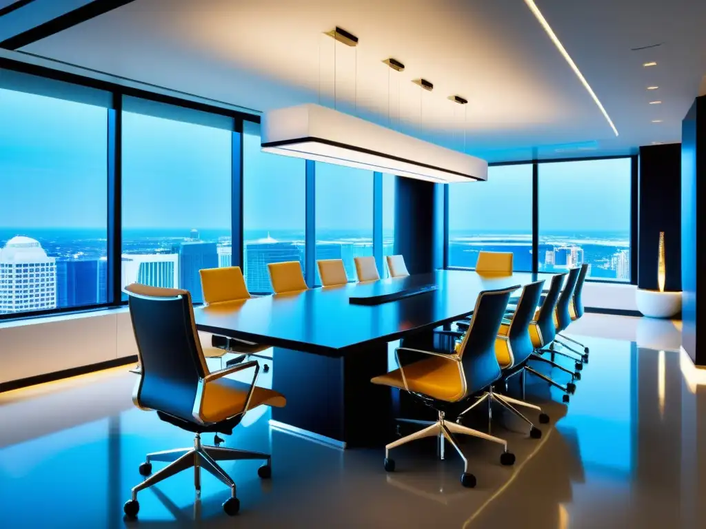 Moderna sala de conferencias de despacho de abogados con tecnología de vanguardia y diseño elegante, ideal para abogado de patentes para litigio