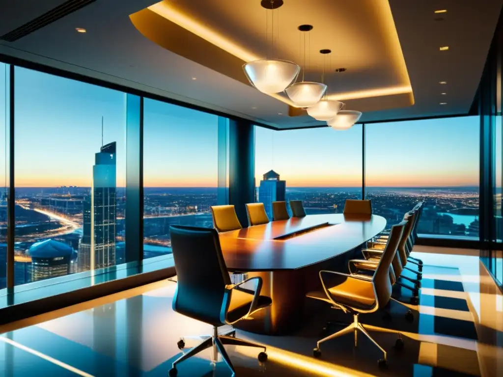 Una moderna sala de juntas corporativa con diseño minimalista y vista panorámica de la ciudad