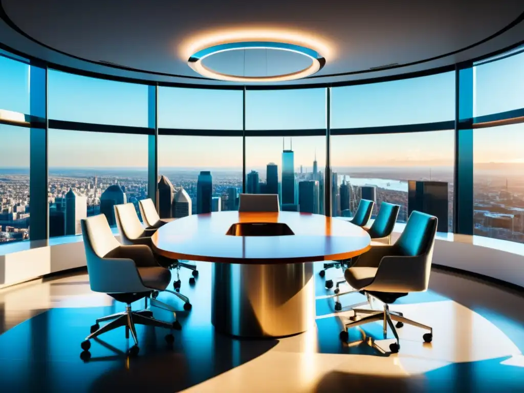 Moderna sala de juntas con diseño futurista y luz natural, reflejando profesionalismo y sofisticación