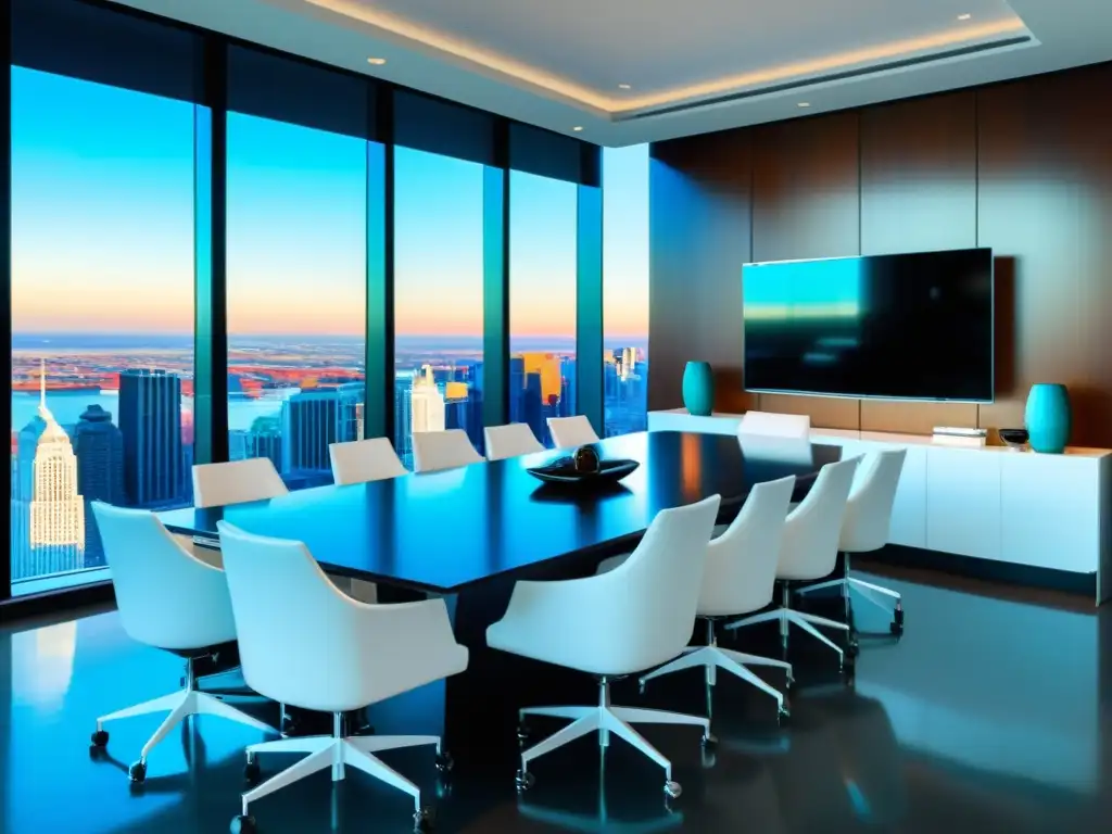 Una moderna sala de juntas con una larga mesa de conferencias rodeada de sillas de cuero blanco