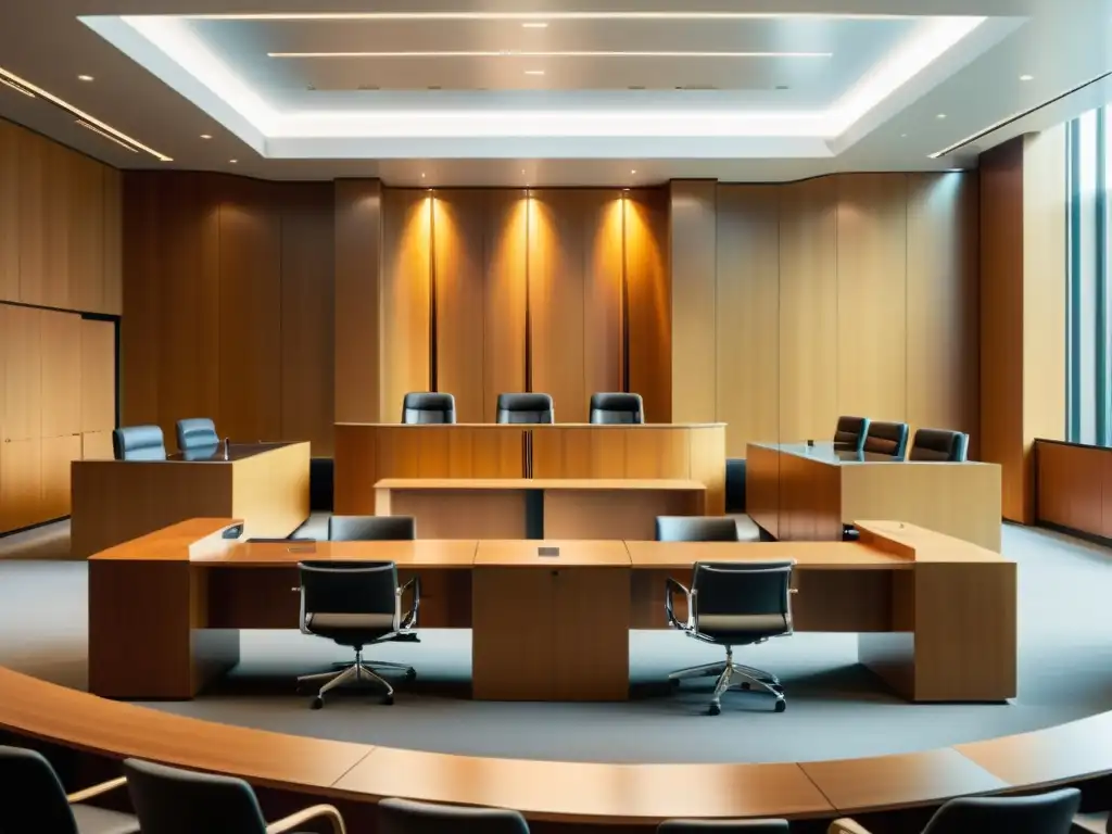 Una moderna sala de tribunal bañada en luz natural con equipos legales debatiendo, representando la competencia desleal en la moda