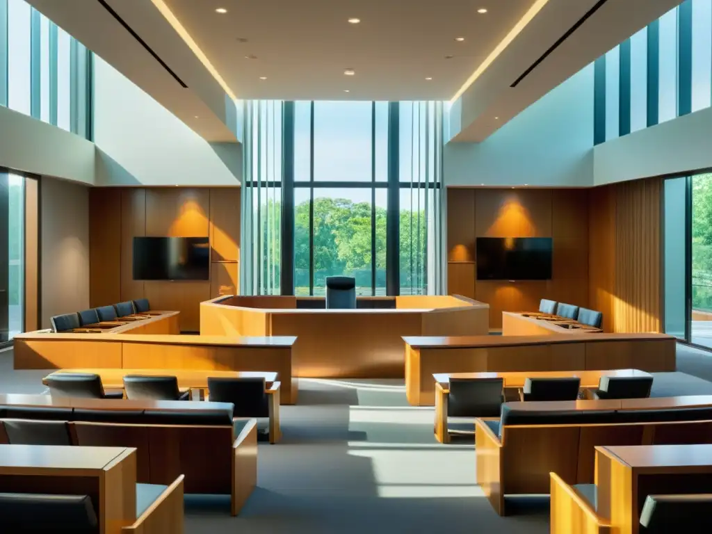 Una moderna sala de tribunal con bancos de madera pulida y el estrado del juez al frente, iluminada por luz natural