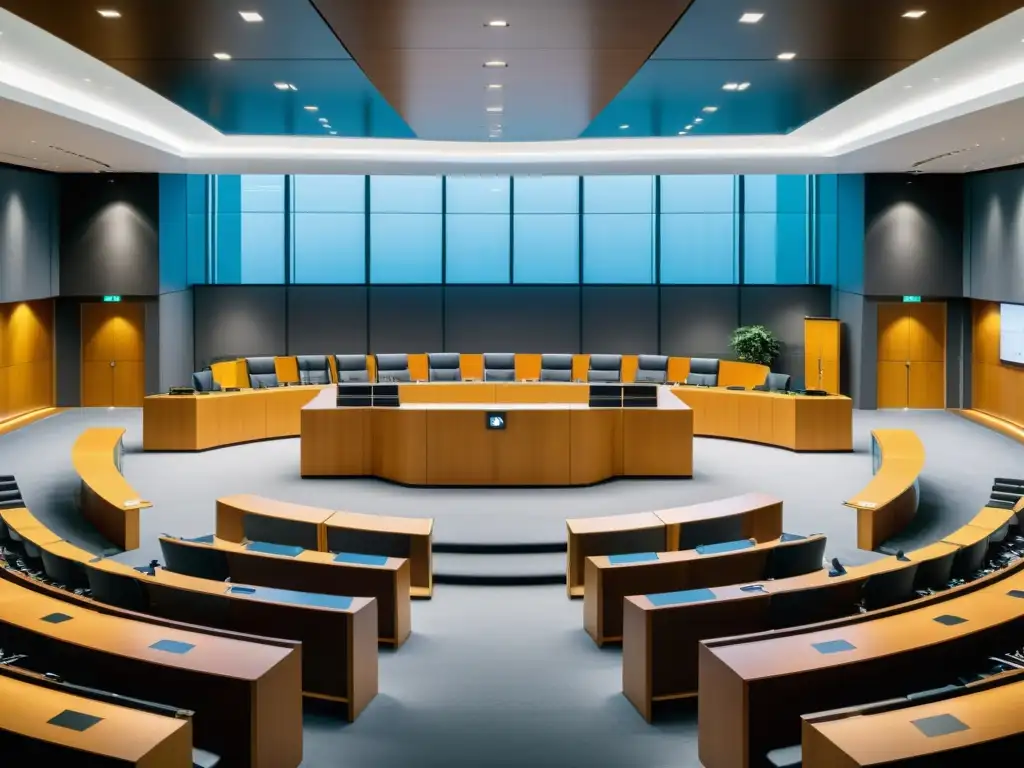 Moderna sala de tribunal con barreras de vidrio, simbolizando políticas de propiedad intelectual en TLC