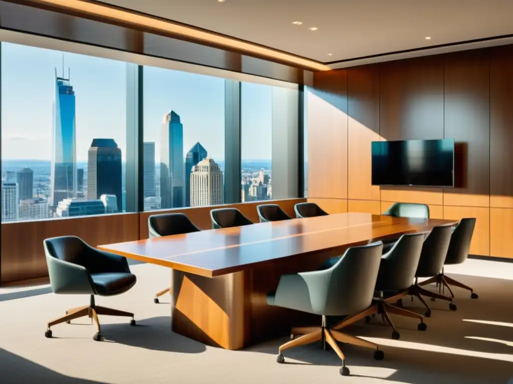 Moderna sala de tribunal con diseño minimalista y vista panorámica de la ciudad a través de ventanales