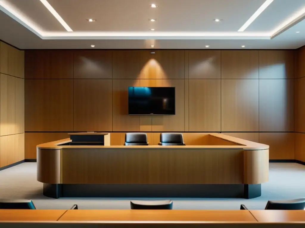 Moderna sala de tribunal con diseño minimalista, luz natural y arte contemporáneo en la pared
